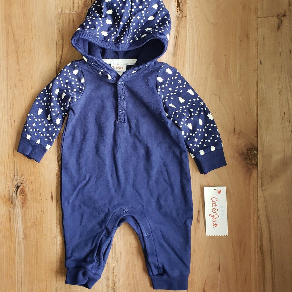 Baby  Boys Blue Pom Hooded Romper